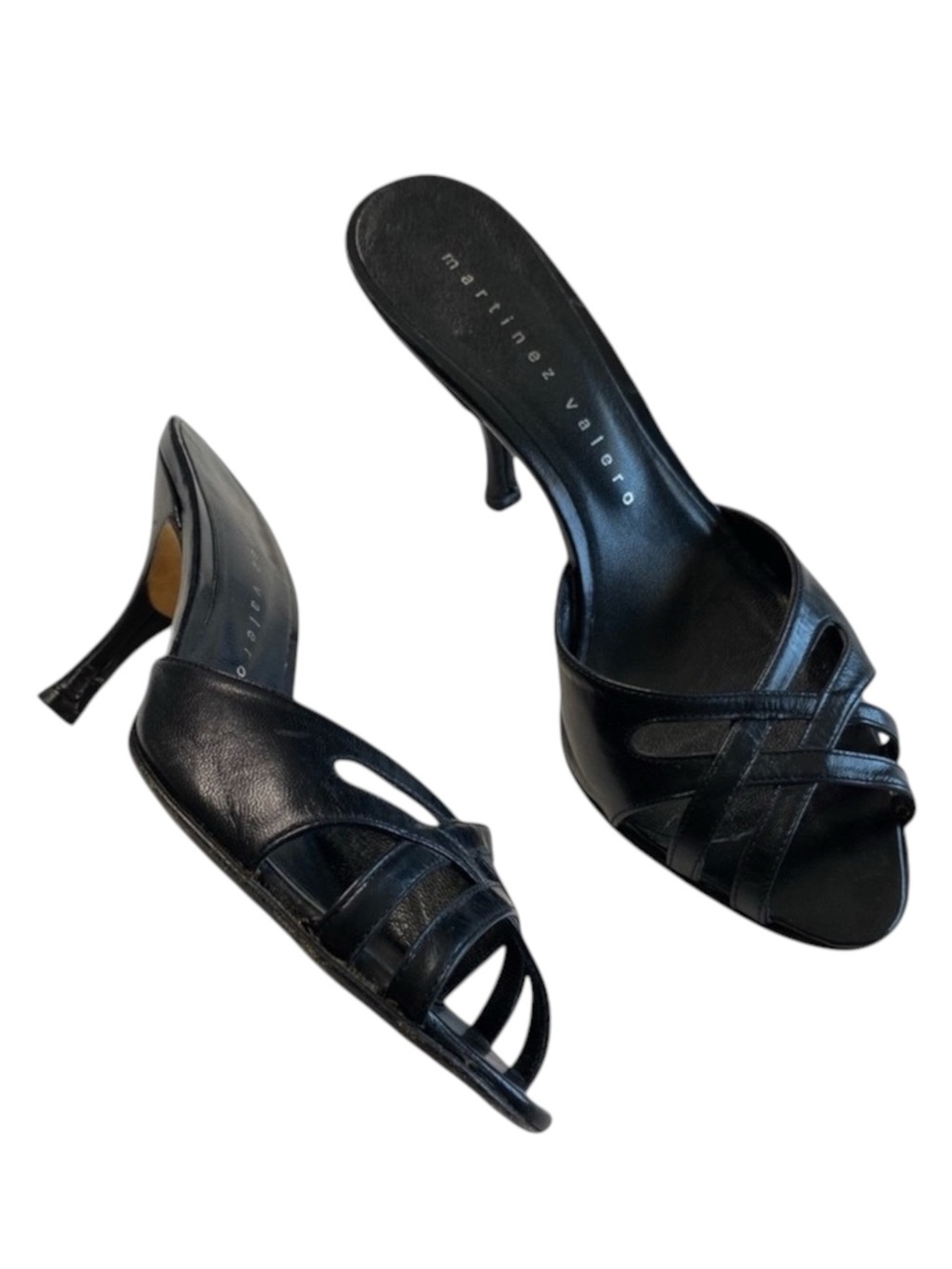 Martinez Valero ☻︎ Cut Out Heeled Mules Slides Sandal ☻︎ Black Leather ☻ 6.5M ☻︎ - Picture 10 of 16